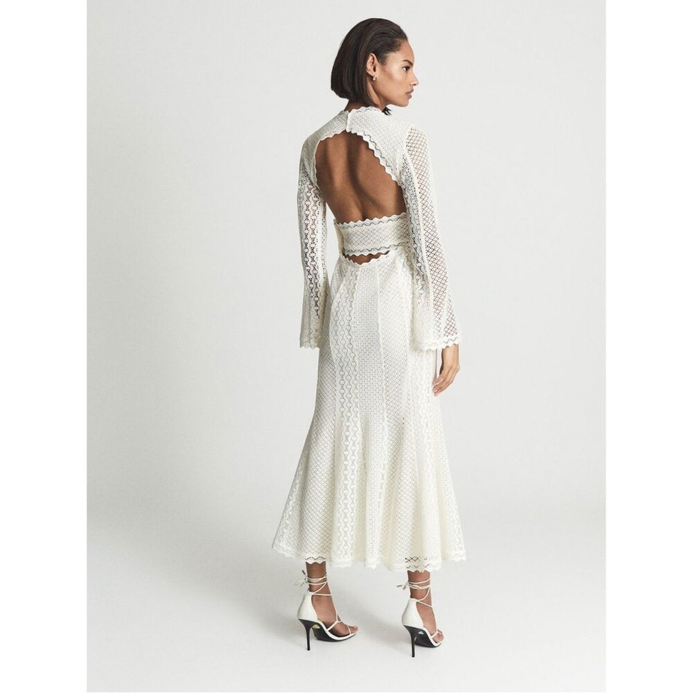 Reiss Aspen White Lace Midi Bodycon Long-Sleeve backless max evening Dress
